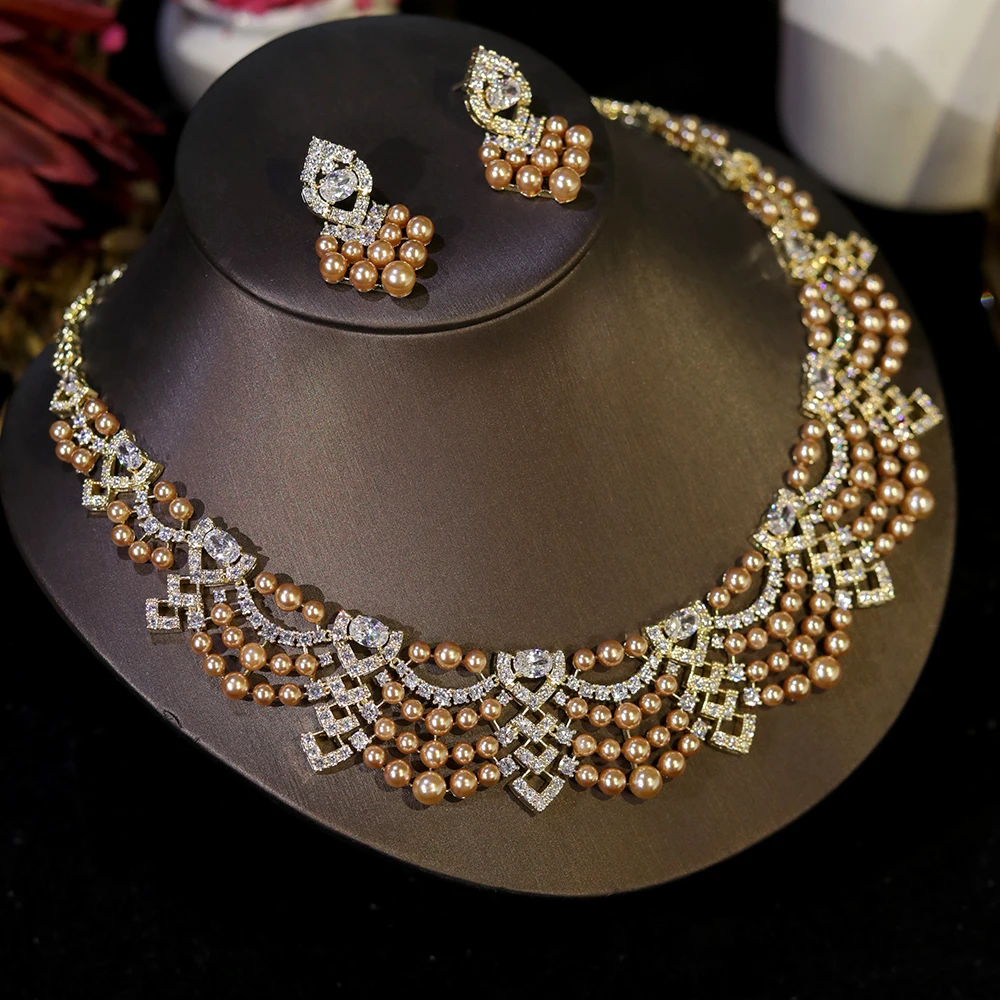 Crystal Zircon Golden Pearl Necklace: Dubai Bridal Indian Jewelry Set 2 Crystal Zircon Golden Pearl Necklace:
  Dubai Bridal Indian Jewelry Set - Image 2