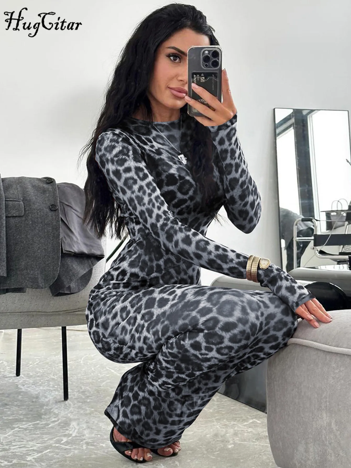 Hugcitar Leopard Print Mesh Maxi Dress: Long Sleeve See-Through Clubwear 5 Hugcitar Leopard Print Mesh Maxi Dress: Long Sleeve
  See-Through Clubwear - Image 5