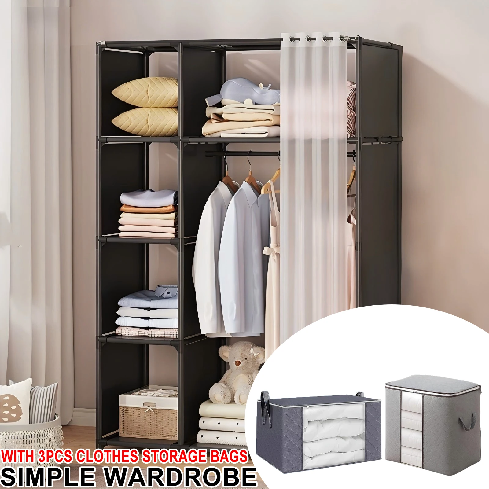 Simple Cloth Wardrobe Rack: Dustproof Closet w/ 3 Foldable Storage Bags 1 Simple Cloth Wardrobe Rack: Dustproof
  Closet w/ 3 Foldable Storage Bags
