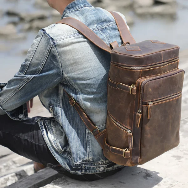 Vintage Crazy Horse Leather Backpack:
  Laptop, School, & Travel Shoulder Bag - Image 5