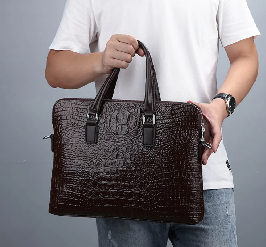 2025 Men's Leather Briefcase: Croc
  Pattern, Crossbody Laptop Business Bag