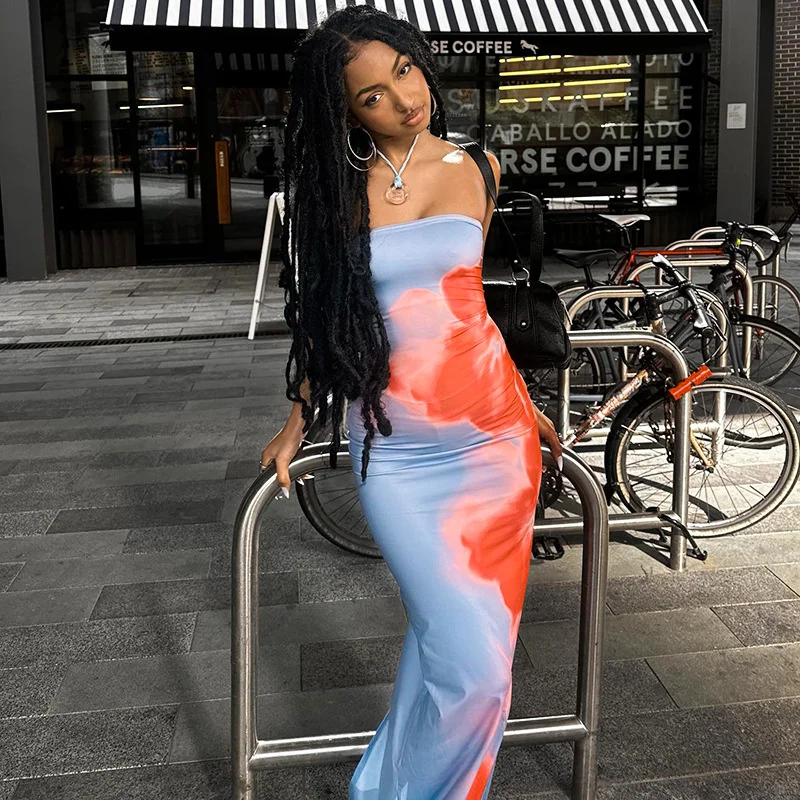 Sexy Strapless Tube Maxi Dress: Backless
  Stretch Print Summer Beach Y2K