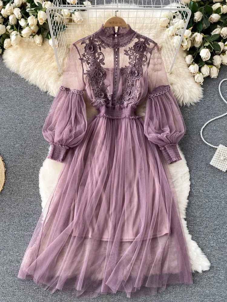 3D Flower Mesh Dress: Stand Collar Lantern Sleeve High Waist Slim Fit 5 3D Flower Mesh Dress: Stand Collar
  Lantern Sleeve High Waist Slim Fit - Image 5