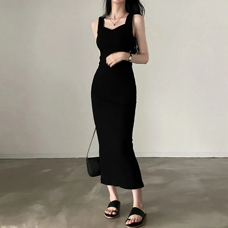Myufon Knit Long Dress: Square Collar
  Sleeveless Y2K Vintage Casual