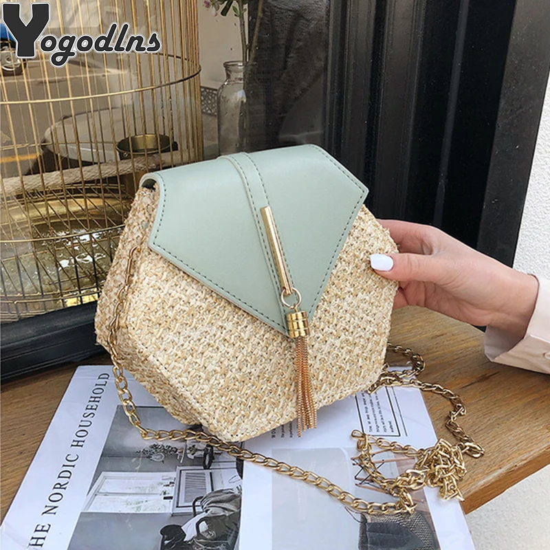 Hexagon Straw & Leather Handbag:
  Woven Rattan Circle Beach Shoulder Bag