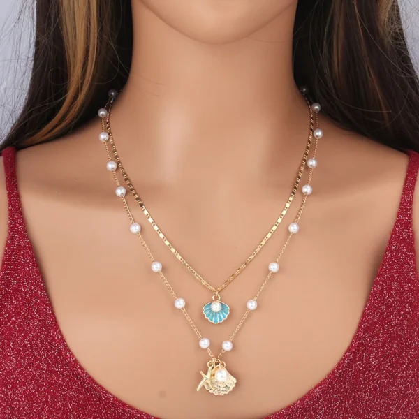 2-Pc Gold Plated Starfish Necklace:
  Pearl Ocean Beach Jewelry for Women - Image 2