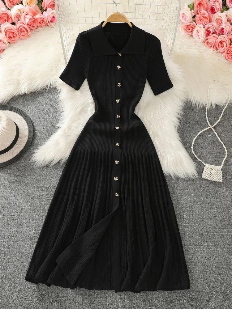 Elegant Knitted Long Dress:
  Black/Beige/Green, Short Sleeve Pleated Office
