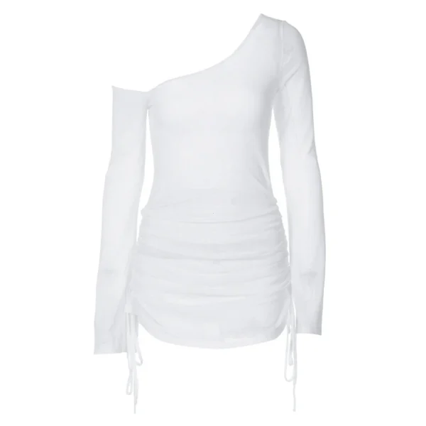 Dulzura Skew Collar Ruched Mini Dress:
  See-Through Drawstring Clubwear - Image 6