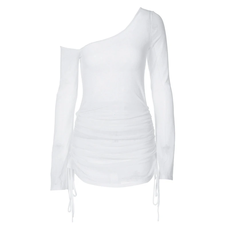 Dulzura Skew Collar Ruched Mini Dress: See-Through Drawstring Clubwear 6 Dulzura Skew Collar Ruched Mini Dress:
  See-Through Drawstring Clubwear - Image 6