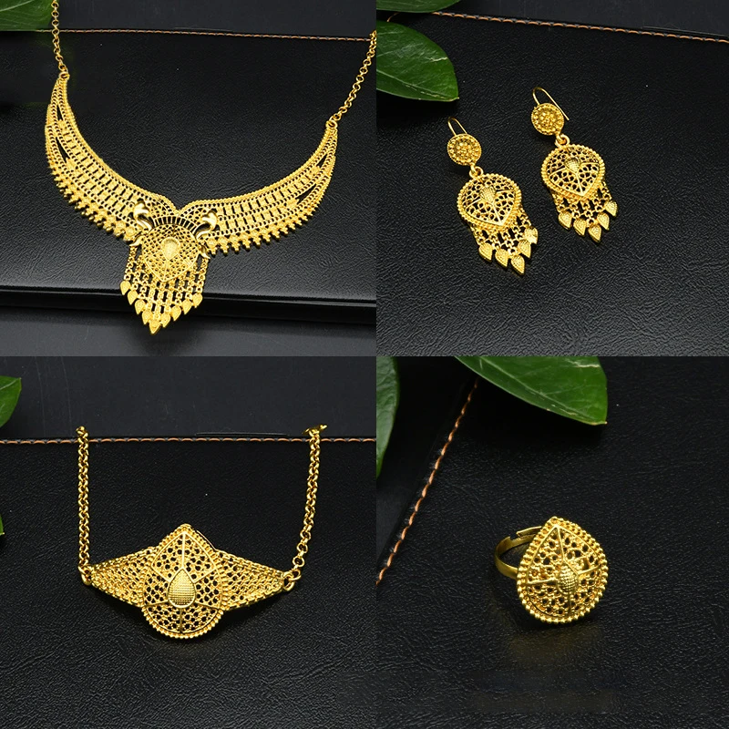 4-Pc Gold Plated Indian Bridal Jewelry
  Set: Necklace, Earrings, Ring, Bracelet