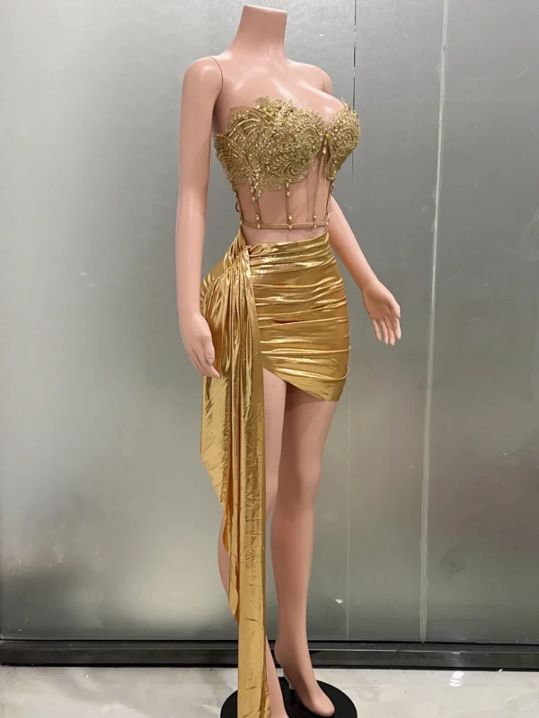 2-Pc Strapless Bodycon Mini Dress (Gold):
  Sexy Nightclub Party Wear - Image 2