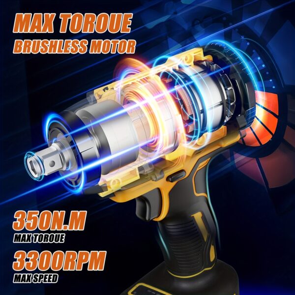 20V Brushless Impact Wrench (350N.m) Kit:
  2 Batteries, 12 Sockets, 3300RPM - Image 7