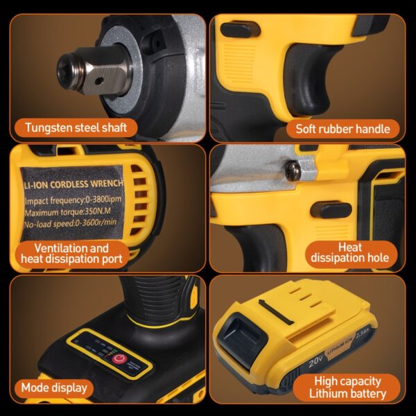 20V Brushless Impact Wrench (350N.m) Kit:
  2 Batteries, 12 Sockets, 3300RPM - Image 4