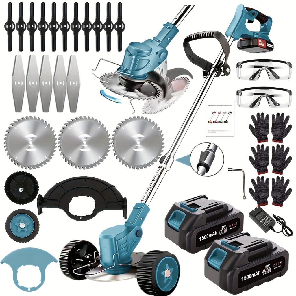 Portable Cordless Electric Lawn Mower
  & Weeder Kit (3 Blades, 2 Batteries)