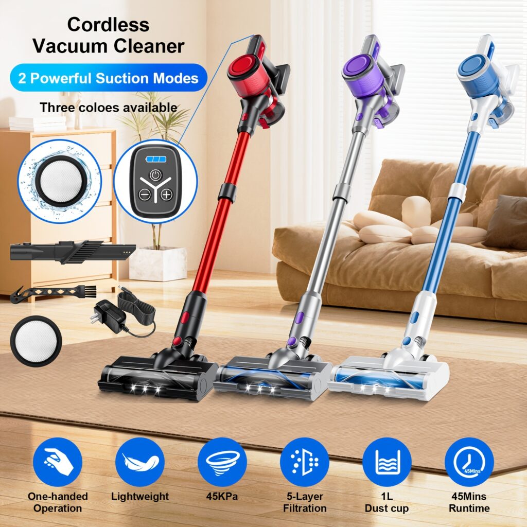 Cordless Stick Vacuum: 45kPa Power,
  Anti-Tangle, Lightweight for Pet Hair