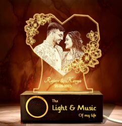 ZOCI VOCI Personalized Valentine Gift for Couple - LED Photo Frame | Customized Anniversary Gift for Wife & Husband | Photo Engraved Lamp (Warm Light + BT Speaker, B&W - Engraving)