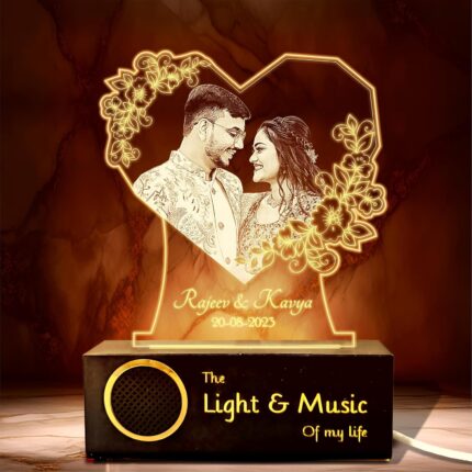 ZOCI VOCI Personalized Valentine Gift for Couple - LED Photo Frame | Customized Anniversary Gift for Wife & Husband | Photo Engraved Lamp (Warm Light + BT Speaker, B&W - Engraving)