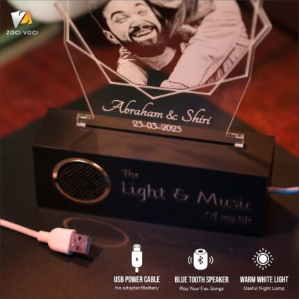 ZOCI VOCI Personalized Valentine Gift for Couple - LED Photo Frame | Customized Anniversary Gift for Wife & Husband | Photo Engraved Lamp (Warm Light + BT Speaker, B&W - Engraving)