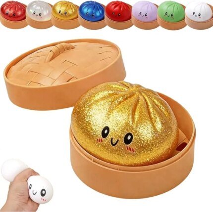 Realistic giant dumpling squeeze toy with bamboo steamer – sensory fidget