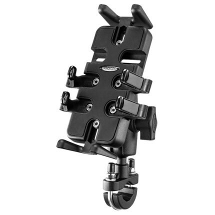 Motorcycle phone mount clamped on handlebar