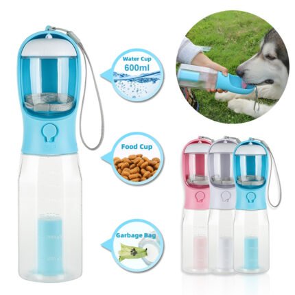 3-in-1 Portable Dog Water Bottle – Travel Feeder with Poop Bag Dispenser