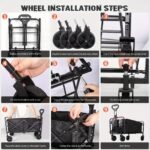 Side view of black heavy duty folding cart with wheels in a green garden