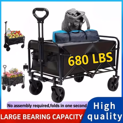 Heavy duty folding cart with wheels loaded with outdoor equipment