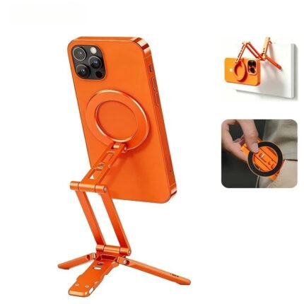 Sleek aluminum phone holder magnetic stand setup on a modern desk